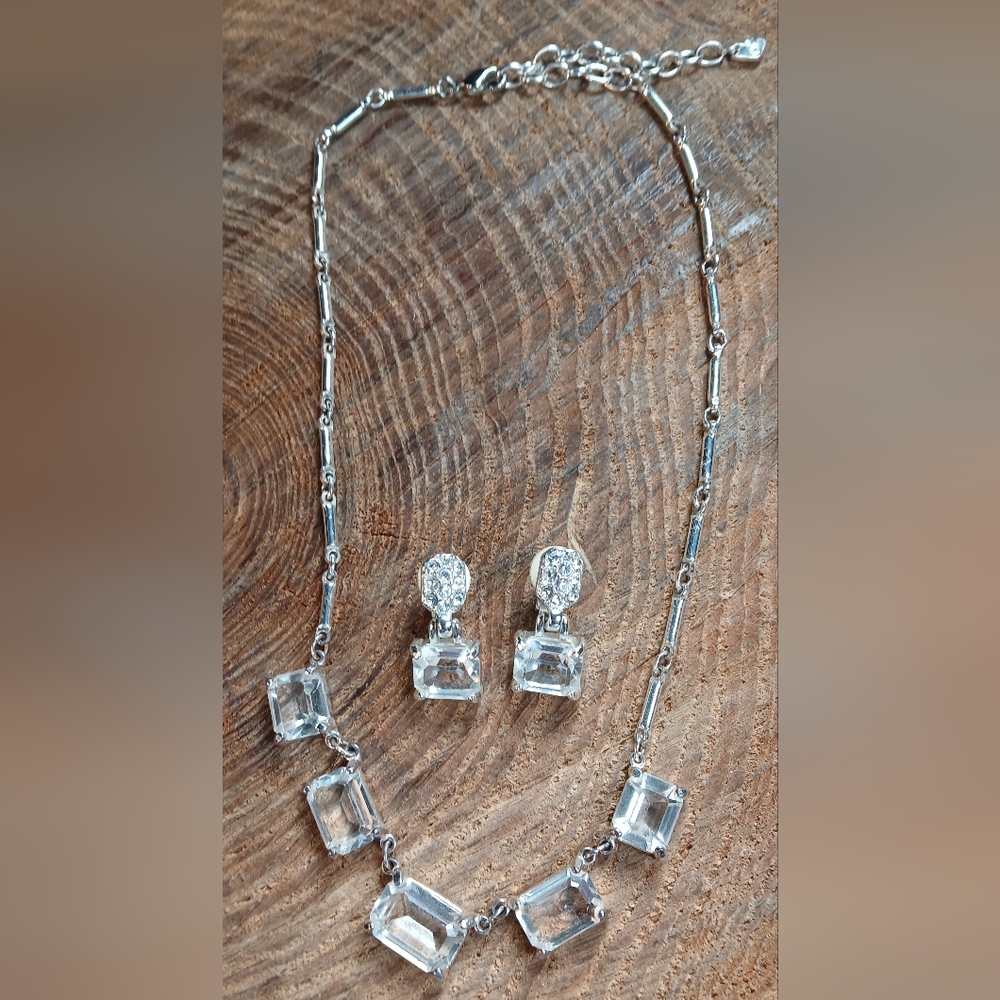 Vintage Swarovski Silver-tone Emerald-cut Clear Crystal Necklace & Earring Set